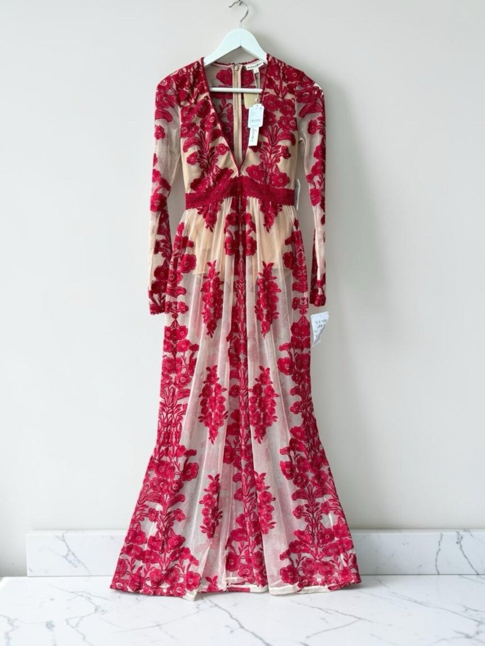 For Love & Lemons Red Berry Embroidered Mesh Maxi Dress NWT S Floral Lace